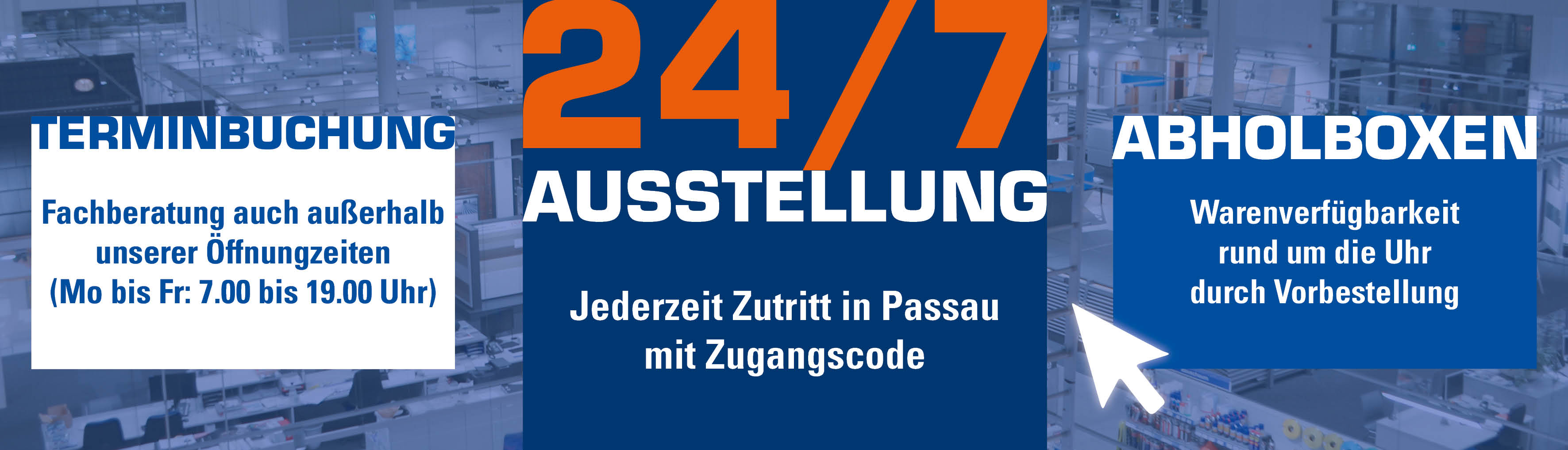Terminbuchung, Ausstellung 24/7, Abholboxen